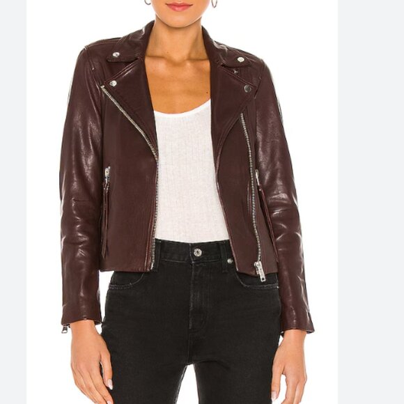 AllSaints Dalby Leather Biker Jacket 4, OXBLOOD BROWN - Picture 1 of 6